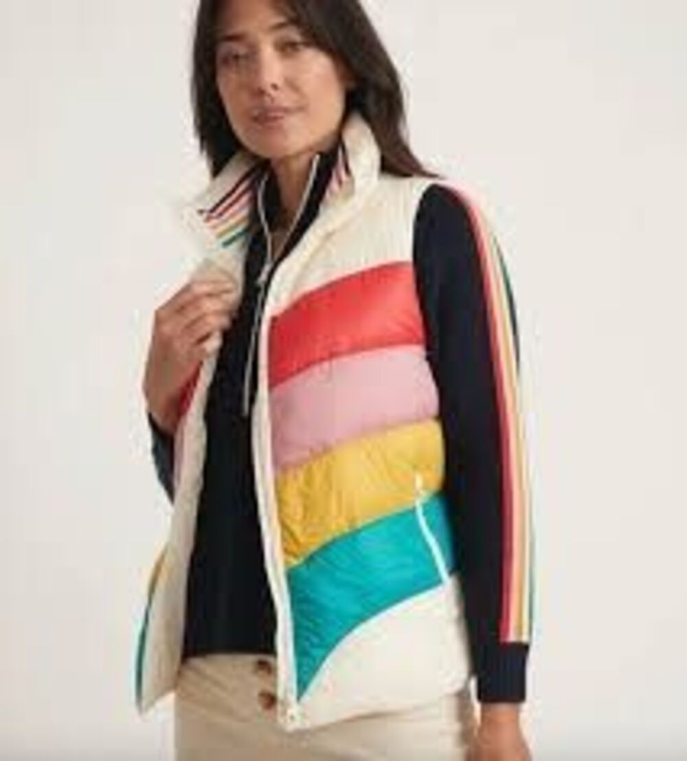 Marine Layer Archive Apres Puffer Vest white rainbow wave retro 70's size XS